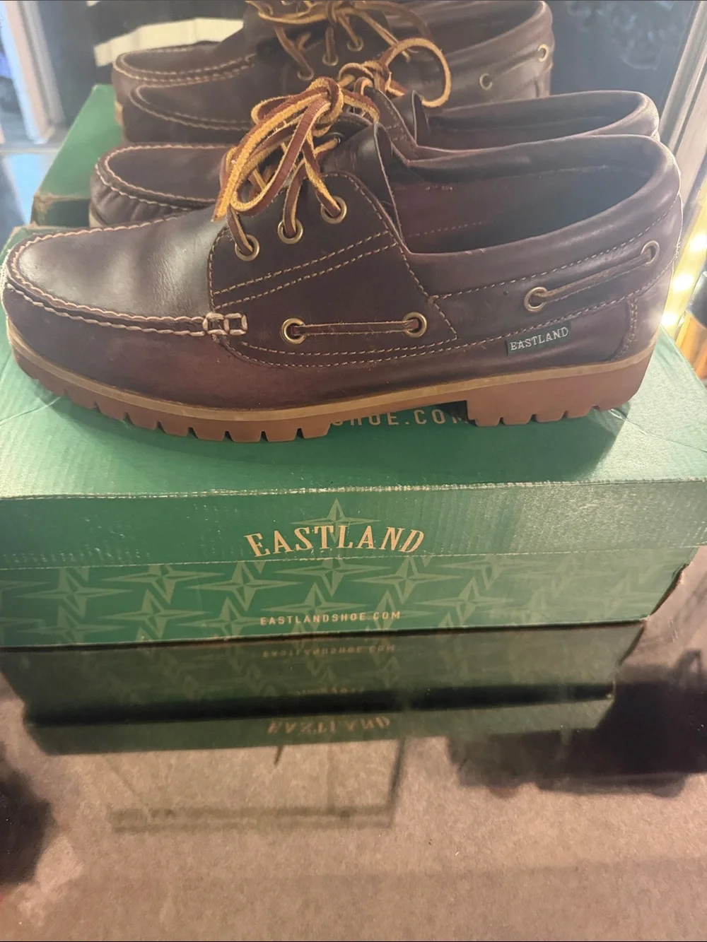 Eastland Men’s Dark Brown Leather Boat Shoes with Tan Laces